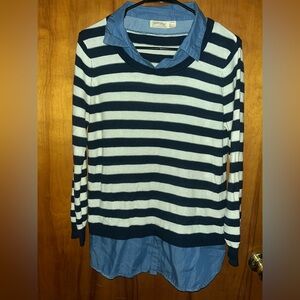 Faded Glory Navy and White Striped Sweater with Blue denim Collar